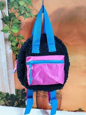 EUC Kids Fashion Angels Black & Pink Mini Sherpa Backpack Colorblock Retro